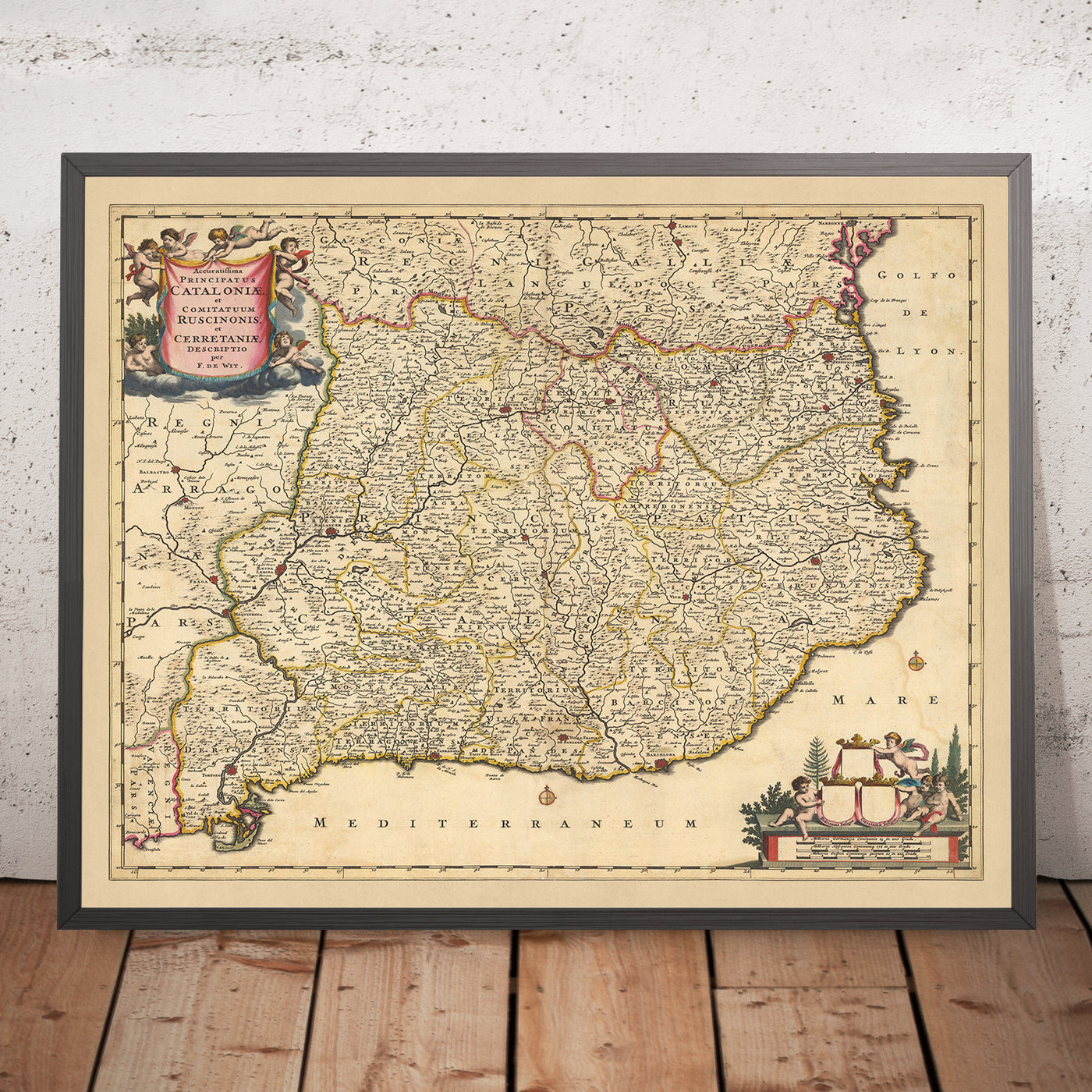 Old Map of Catalonia & Roussillon by Visscher, 1690: Barcelona, Tarragona, Girona, Perpignan, Pyrenees