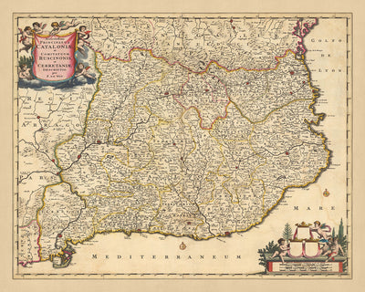 Old Map of Catalonia & Roussillon by Visscher, 1690: Barcelona, Tarragona, Girona, Perpignan, Pyrenees
