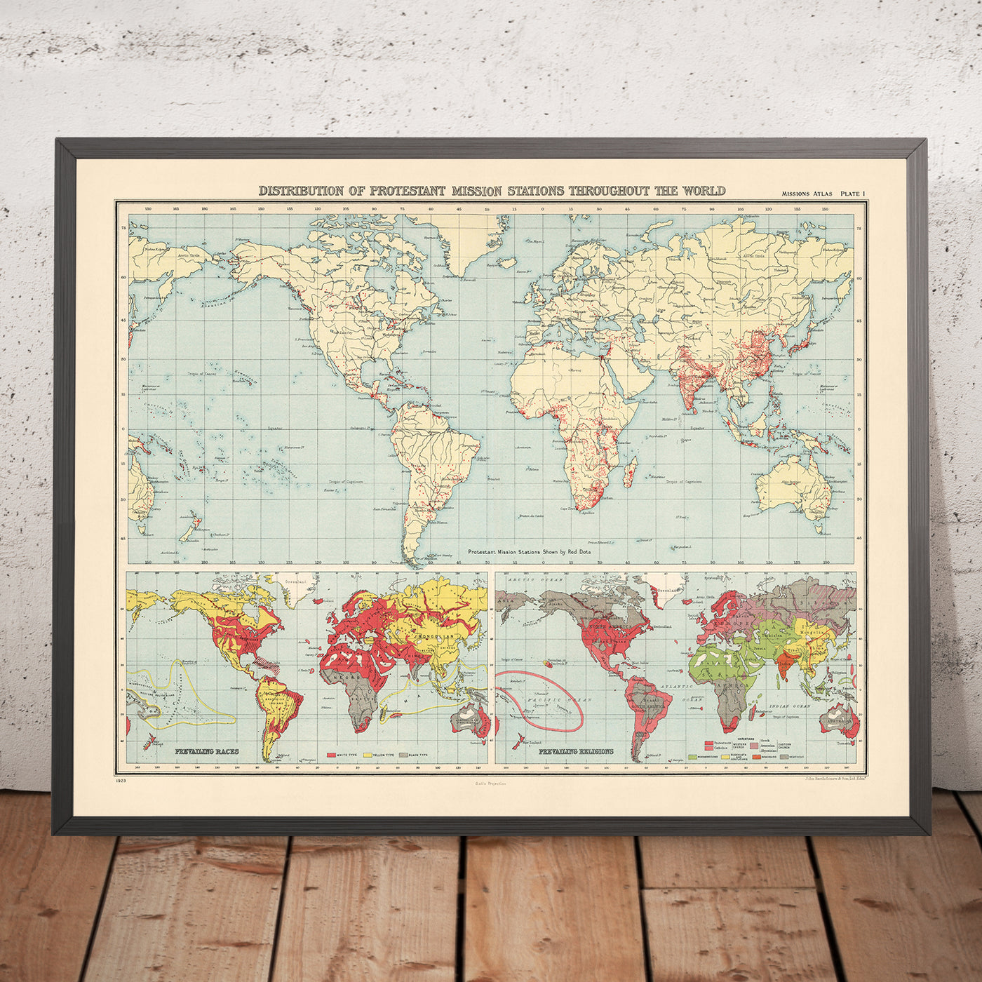 Distribución de mapas del Viejo Mundo de las estaciones misioneras protestantes, 1923: alcance global, diseño temático, proyección Gall