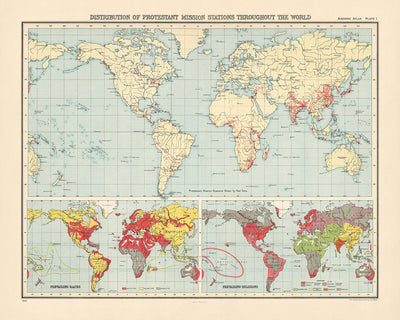 Carte de l'Ancien Monde Répartition des stations missionnaires protestantes, 1923 : portée mondiale, conception thématique, projection de galles