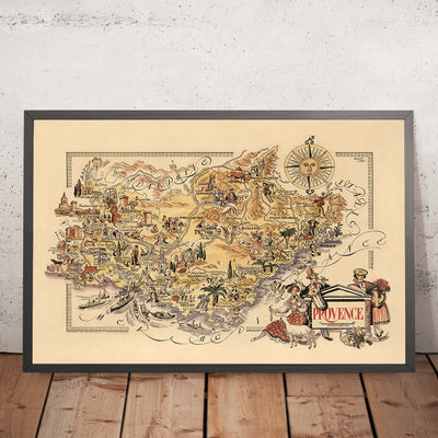Old Map of Provence, France by Liozu, 1951: Marseille, Avignon, Cannes, Nice, Monaco