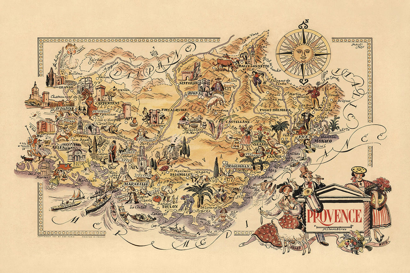 Ancienne carte de Provence, France par Liozu, 1951 : Marseille, Avignon, Cannes, Nice, Monaco