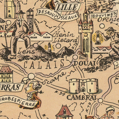 Old Pictorial Map of Nord-Pas-de-Calais by Liozu, 1951: Lille, Dunkerque, Valenciennes, Douai, Cambrai