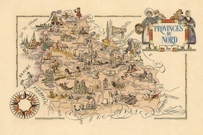 Old Pictorial Map of Nord-Pas-de-Calais by Liozu, 1951: Lille, Dunkerque, Valenciennes, Douai, Cambrai