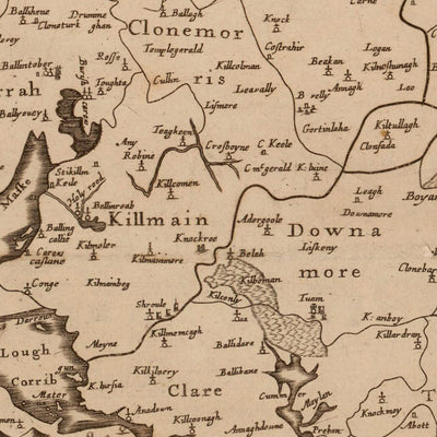 Ancienne carte de Connact par Petty, 1685 : Galway, Tuam, Sligo, Roscommon, Athlone
