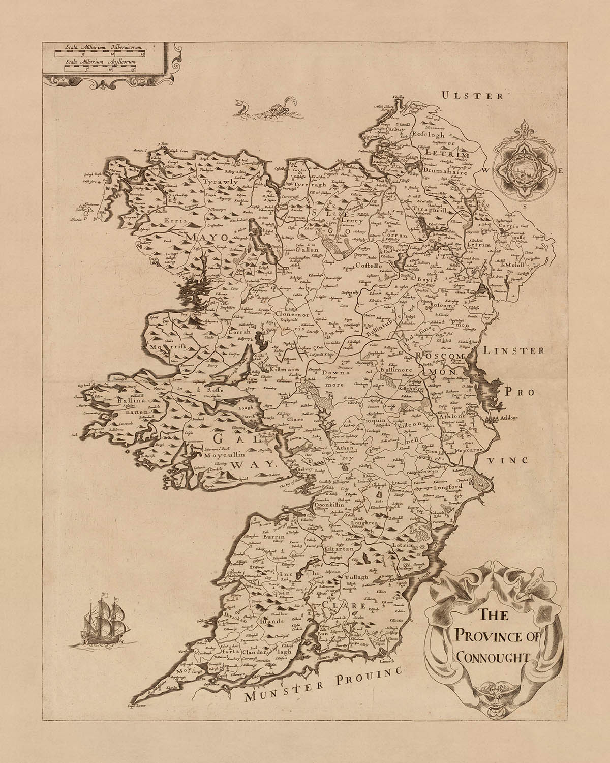 Old Map of Connacht by Petty, 1685: Galway, Leitrim, Mayo, Sligo, Roscommon