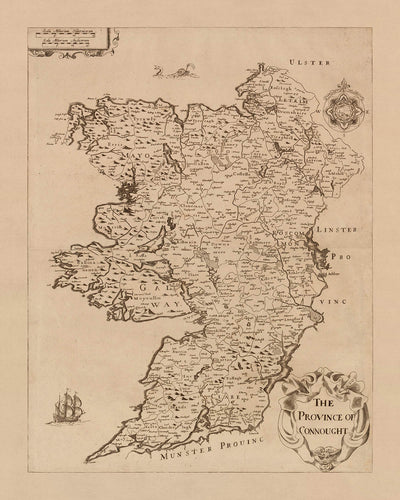 Ancienne carte de Connact par Petty, 1685 : Galway, Tuam, Sligo, Roscommon, Athlone