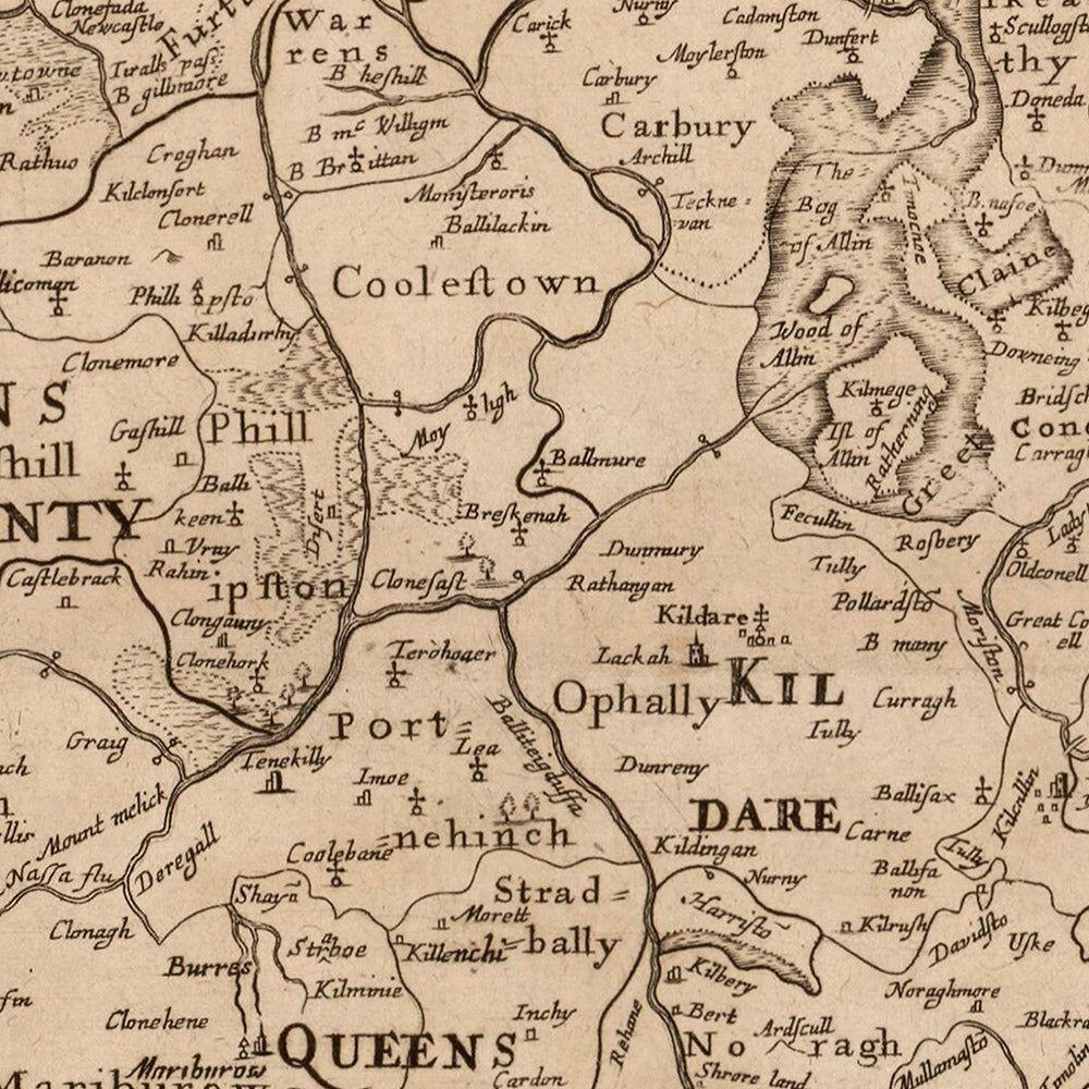 Ancienne carte du Leinster par Petty, 1685 : Dublin, Kilkenny, Wexford, Waterford, Montagnes de Wicklow