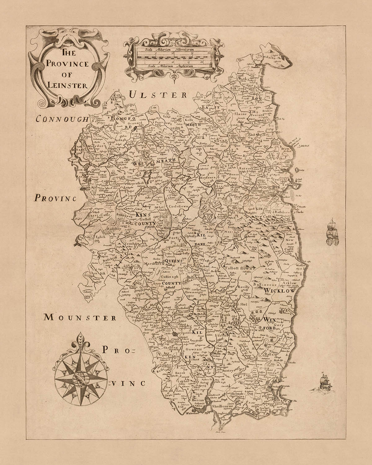 Alte Karte von Leinster von Petty, 1685: Dublin, Kilkenny, Wexford, Waterford, Wicklow Mountains