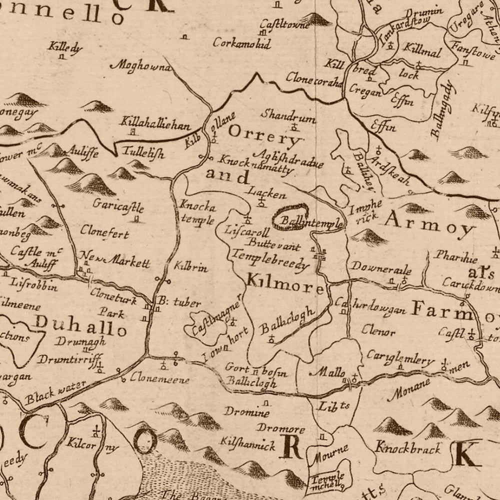 Old Map of Munster by Petty, 1685: Cork, Limerick, Waterford, Ennis, Tralee, Clonmel