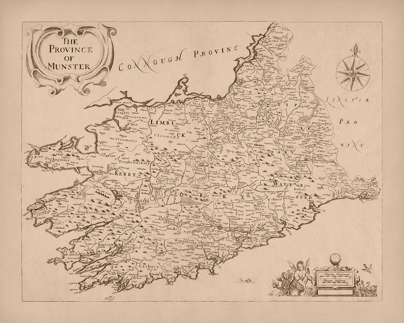 Old Map of Munster by Petty, 1685: Cork, Limerick, Waterford, Ennis, Tralee, Clonmel
