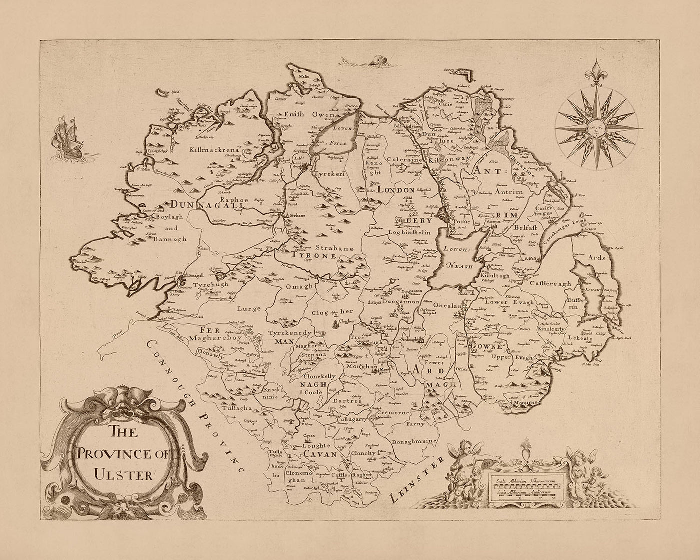Old Map of Ulster by Petty, 1685: Armagh, Belfast, Londonderry, Donegal, Down, Antrim