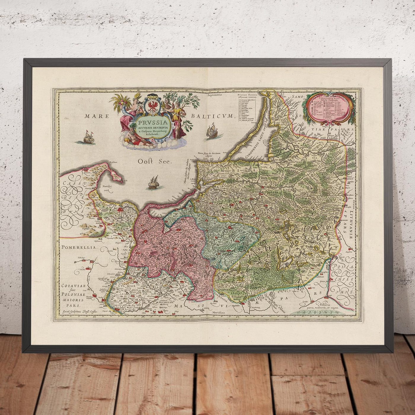 Alte Karte der Woiwodschaft Ermland-Masuren von Joan Blaeu, 1665: Olsztyn, Elbląg, Ełk, Ostroda und Giżycko, mit Masurischen Seen, Biskupiec und Łyna