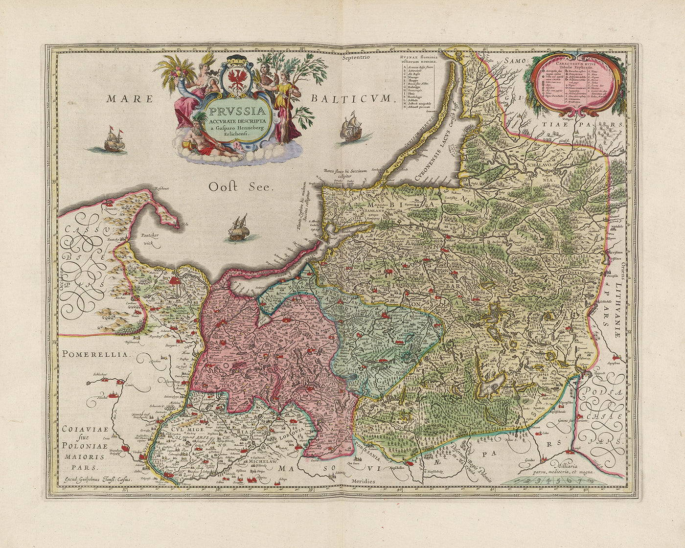 Old Map of Warmian-Masurian Voivodeship (Prussia) by Joan Blaeu, 1665: Olsztyn, Elbląg, Ełk, Ostroda, and Giżycko, with Masurian Lakes, Biskupiec and Łyna