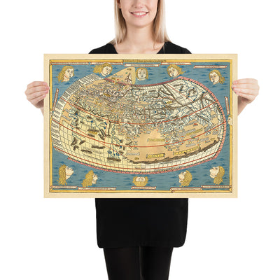 Carte du monde de l'Ancien Monde par Ptolémée, 1486 : première impression au nord des Alpes, style pictural, signée par le graveur