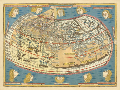 Mapa del Viejo Mundo del mundo de Ptolomeo, 1486: primera impresión al norte de los Alpes, estilo pictórico, firmado por un grabador
