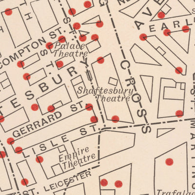 Antiguo mapa infográfico de pubs en Soho por Walker & Boutall, 1899: vida social victoriana, diseño cartográfico, monumentos culturales