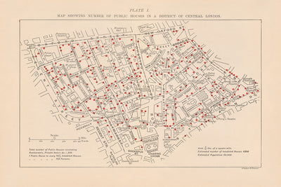 Antiguo mapa infográfico de pubs en Soho por Walker & Boutall, 1899: vida social victoriana, diseño cartográfico, monumentos culturales
