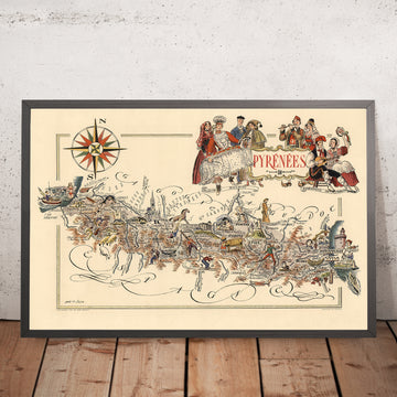 Vecchia mappa pittorica dei Pirenei di Liozu, 1951: Perpignano, Pau, Bayonne, castelli, montagne 