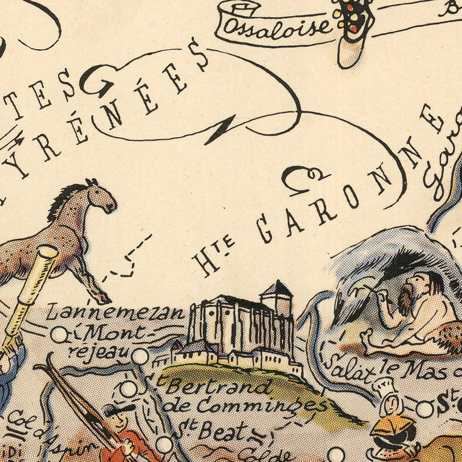 Vecchia mappa pittorica dei Pirenei di Liozu, 1951: Perpignano, Pau, Bayonne, castelli, montagne 