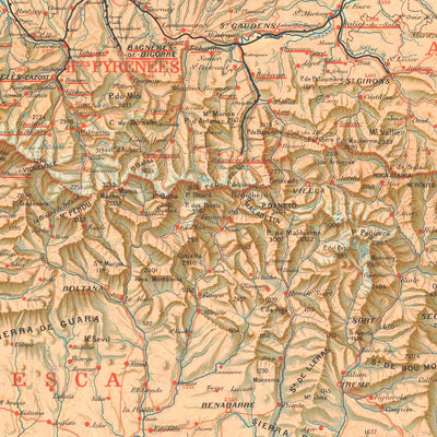 Alte Karte der Pyrenäen, 1920: Südfrankreich und Nordspanien 