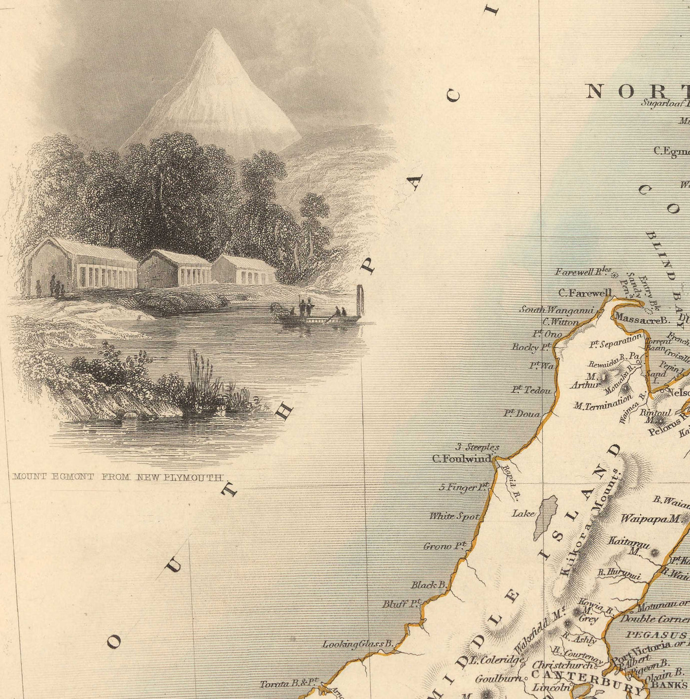 Old Map of New Zealand in 1851 by Tallis and Rapkin - Auckland, Tauranga, Christchurch, Wellington, New Plymouth