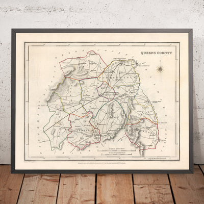 Alte Karte der Grafschaft Laois (Queen's) von Samuel Lewis, 1844: Abbeyleix, Ballybrittas, Durrow, Mountmellick, Stradbally