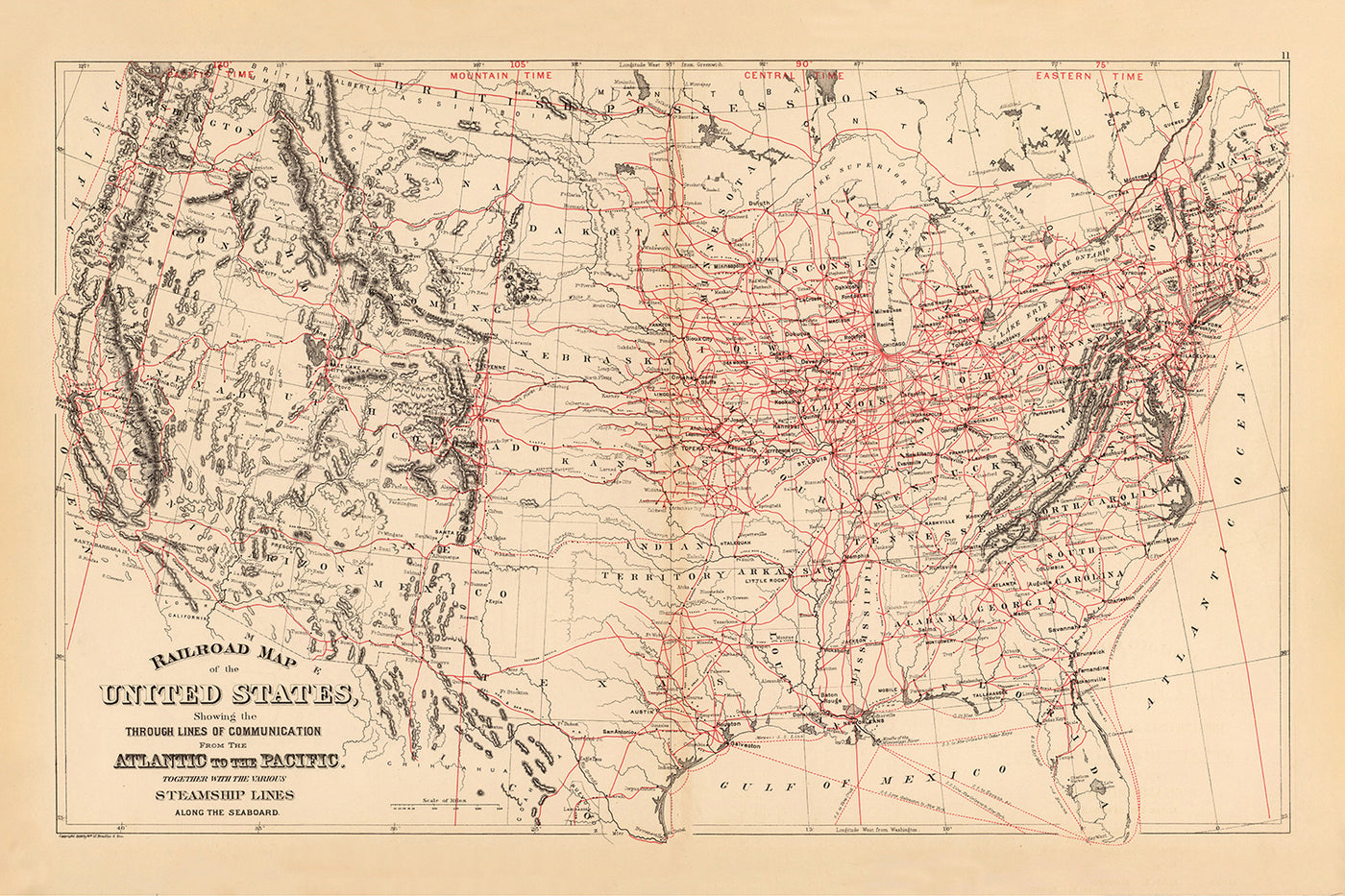 Antiguo mapa ferroviario de los Estados Unidos por Samuel Mitchell, 1890: gráfico ferroviario del Atlántico al Pacífico