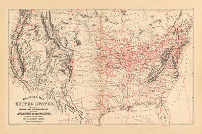 Antiguo mapa ferroviario de los Estados Unidos por Samuel Mitchell, 1890: gráfico ferroviario del Atlántico al Pacífico
