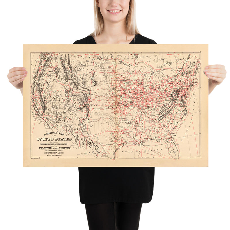 Ancienne carte ferroviaire des États-Unis par Samuel Mitchell, 1890 : carte ferroviaire de l'Atlantique au Pacifique