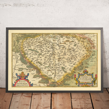 Vecchia mappa della Boemia di Ortelius, 1579: Repubblica Ceca, Praga, fiume Vltava, foreste 