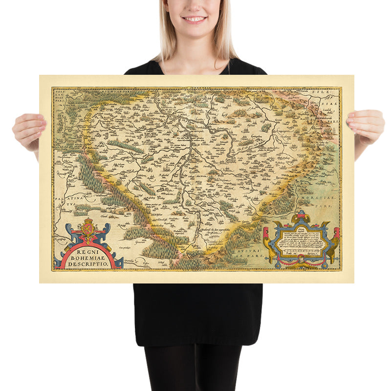 Vecchia mappa della Boemia di Ortelius, 1579: Repubblica Ceca, Praga, fiume Vltava, foreste 