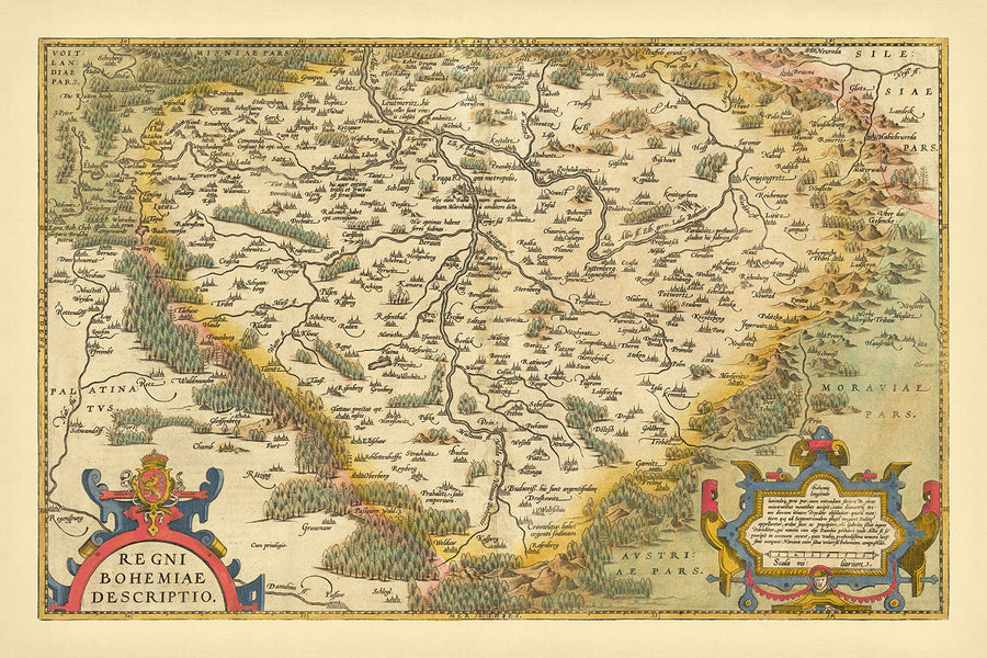 Vecchia mappa della Boemia di Ortelius, 1579: Repubblica Ceca, Praga, fiume Vltava, foreste 