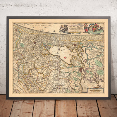 Mapa antiguo de Rijnland y Amstelland por Visscher, 1690: Amsterdam, Haarlem, La Haya, Leiden, Gouda