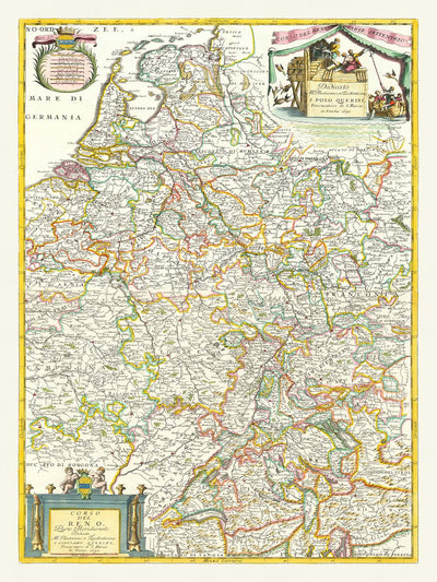 Ancienne carte du bassin du Rhin par Coronelli, 1690 : Bâle, Cologne, Francfort, lac de Constance, Alpes suisses
