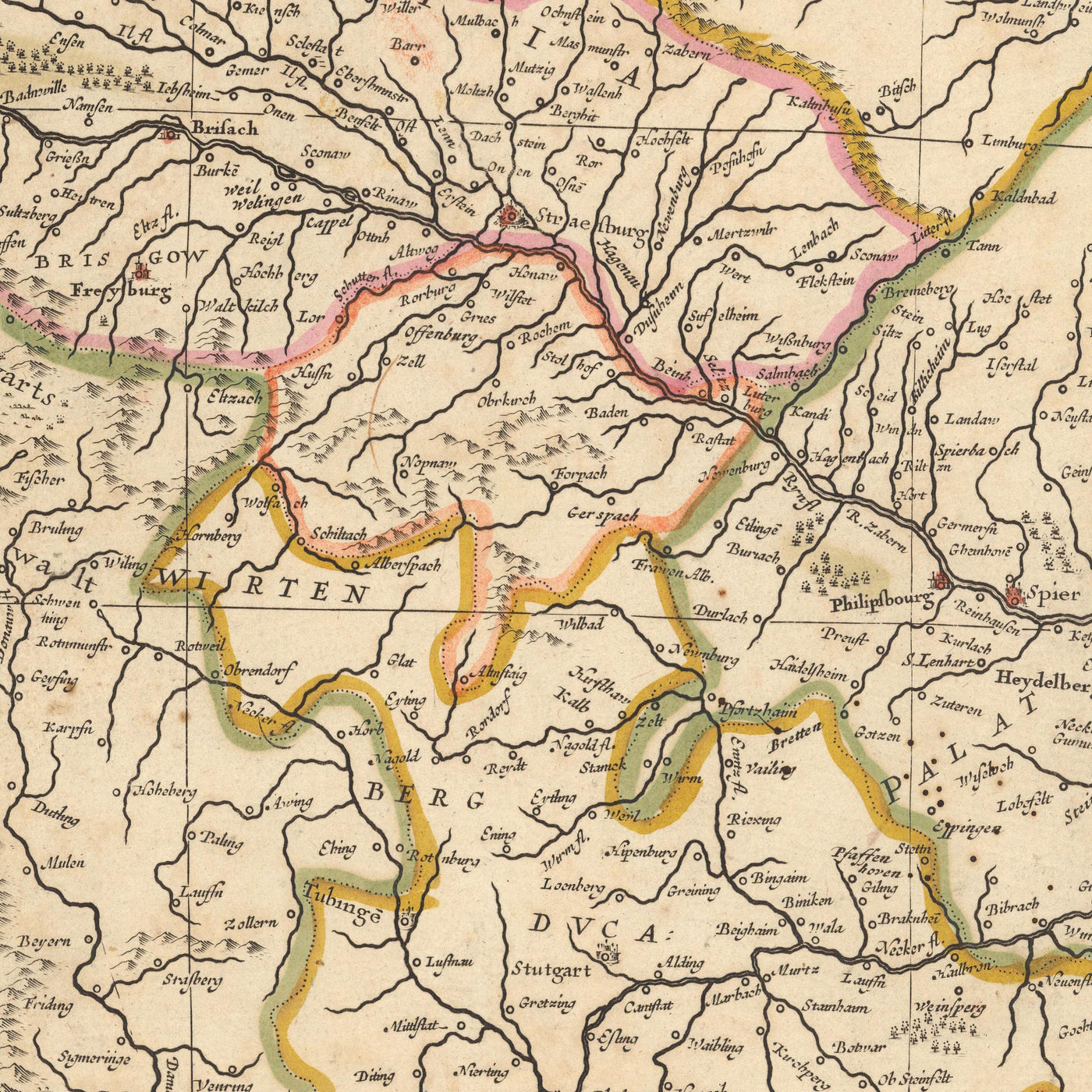 Ancienne carte du Rhin par Visscher, 1690 : De la bouche à la source, Berne, Bruxelles, Luxembourg, Francfort, Cologne