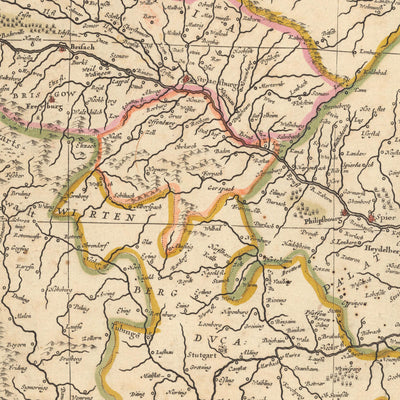 Ancienne carte du Rhin par Visscher, 1690 : De la bouche à la source, Berne, Bruxelles, Luxembourg, Francfort, Cologne
