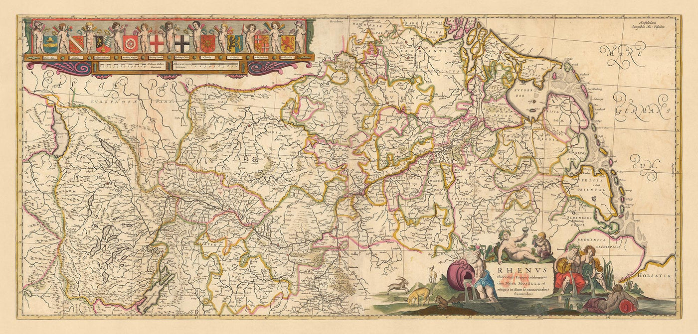Alte Karte des Rheins von Visscher, 1690: Mündung zur Quelle, Bern, Brüssel, Luxemburg, Frankfurt, Köln