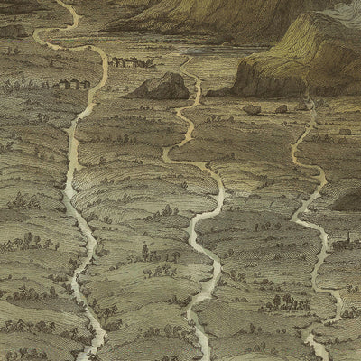 Ancienne carte infographique des principales rivières et cascades d'Écosse par Lizars, 1832 : longueurs, hauteurs comparatives, bordure décorative