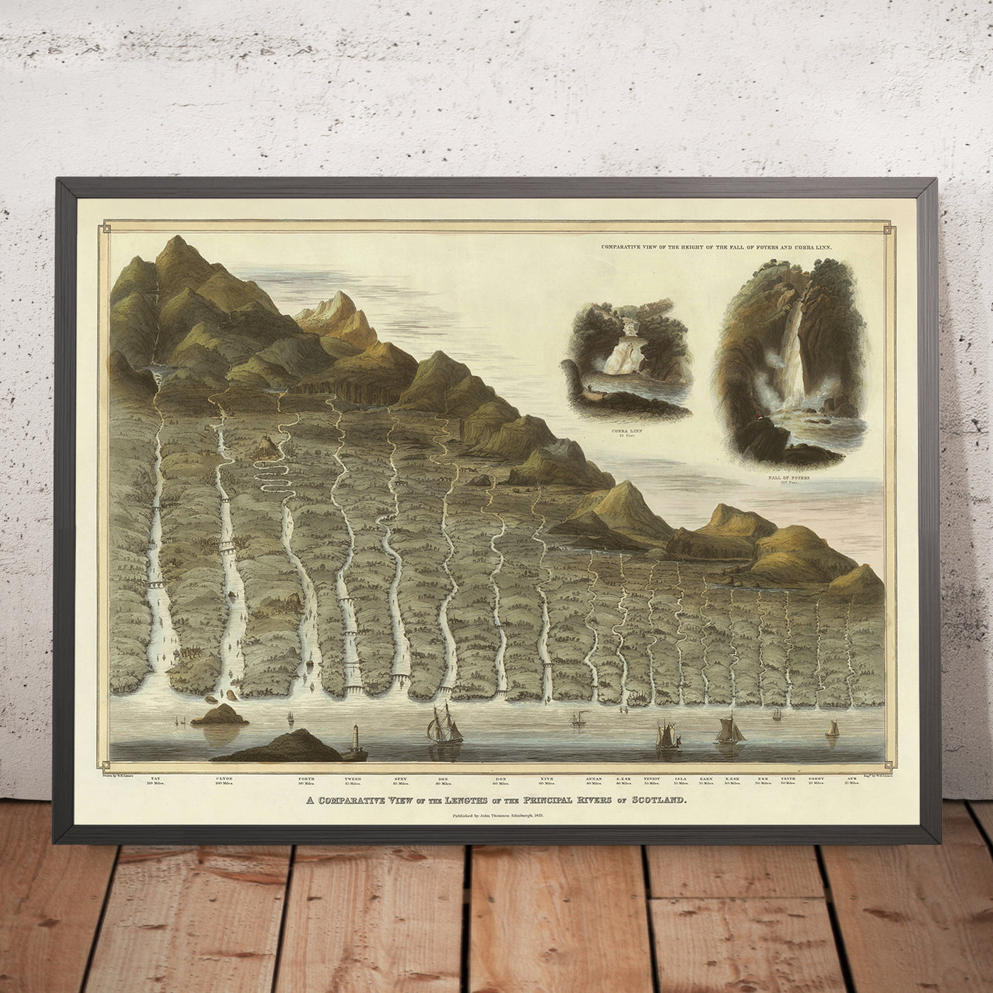 Ancienne carte infographique des principales rivières et cascades d'Écosse par Lizars, 1832 : longueurs, hauteurs comparatives, bordure décorative