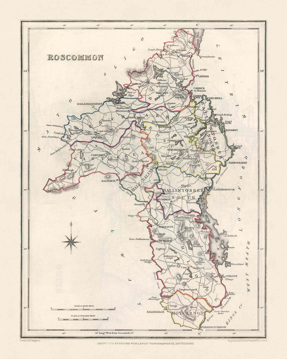 Alte Karte der Grafschaft Roscommon von Lewis, 1844: Roscommon, Boyle, Fluss Shannon, Lough Allen, Große Hungersnot