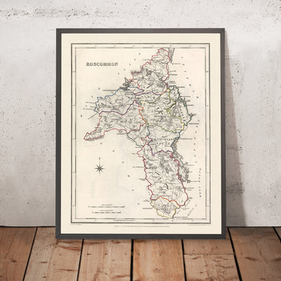 Alte Karte der Grafschaft Roscommon von Lewis, 1844: Roscommon, Boyle, Fluss Shannon, Lough Allen, Große Hungersnot