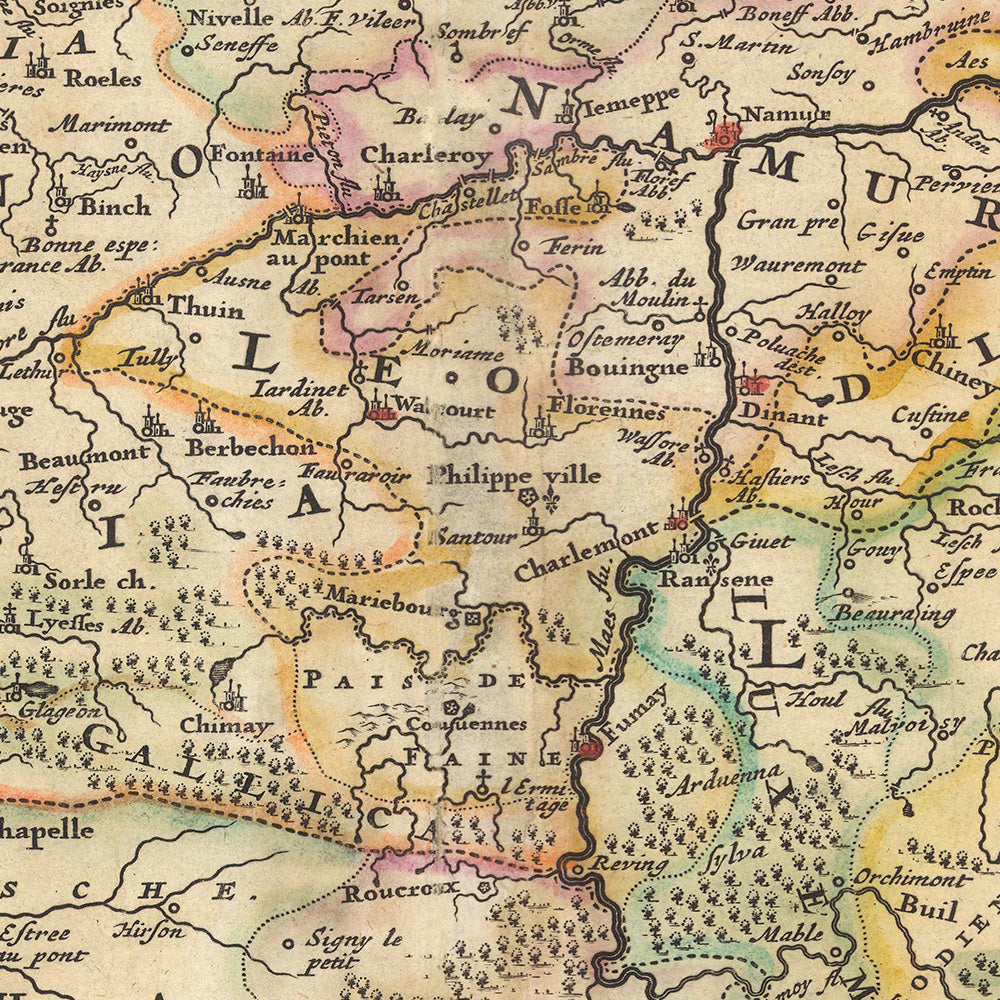 Old Map of Royal Belgium by Visscher, 1690: Brussels, Ghent, Antwerp, Lille, Caps et Marais d'Opale Park