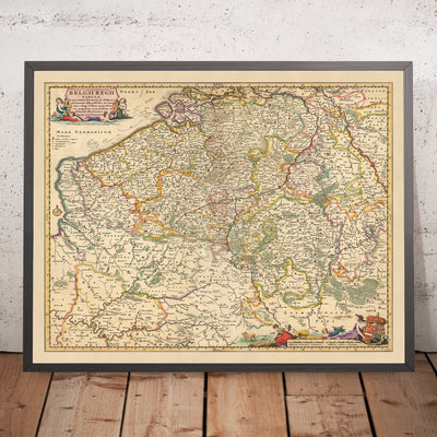 Mapa antiguo de la Bélgica real de Visscher, 1690: Bruselas, Gante, Amberes, Lille, parque Caps et Marais d'Opale