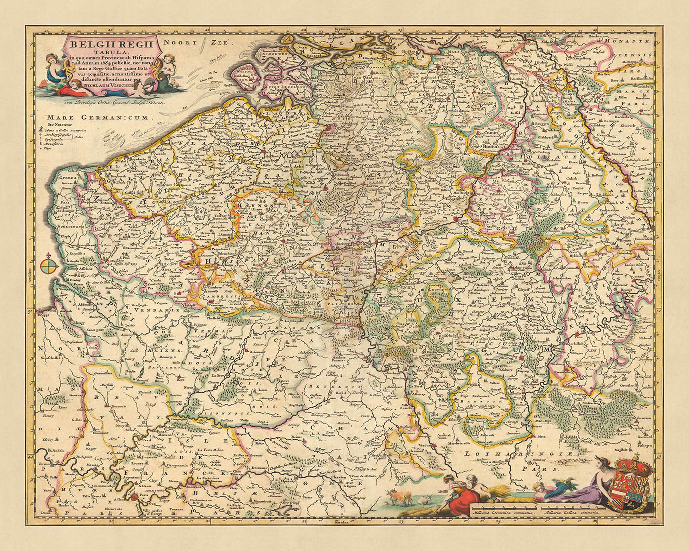 Alte Karte des königlichen Belgiens von Visscher, 1690: Brüssel, Gent, Antwerpen, Lille, Caps et Marais d'Opale Park