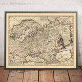 Ancienne carte de la Russie par Visscher, 1690 : Moscou, Varsovie, Budapest, Oslo, Stockholm