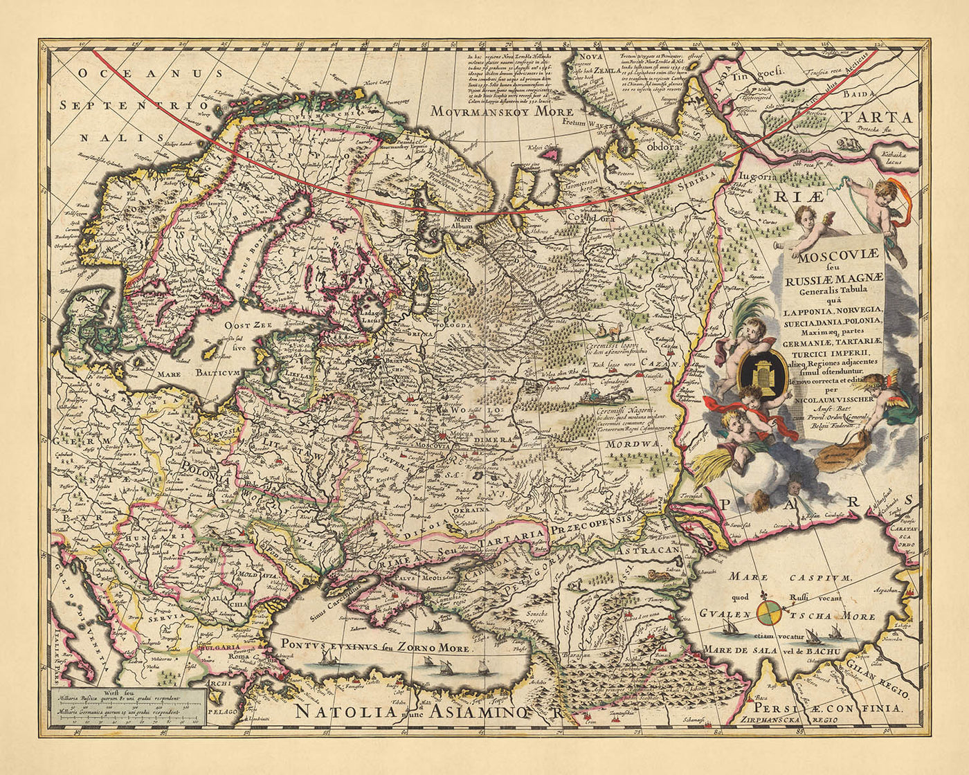 Old Map of Russia by Visscher, 1690: Moscow, Warsaw, Budapest, Oslo, Stockholm