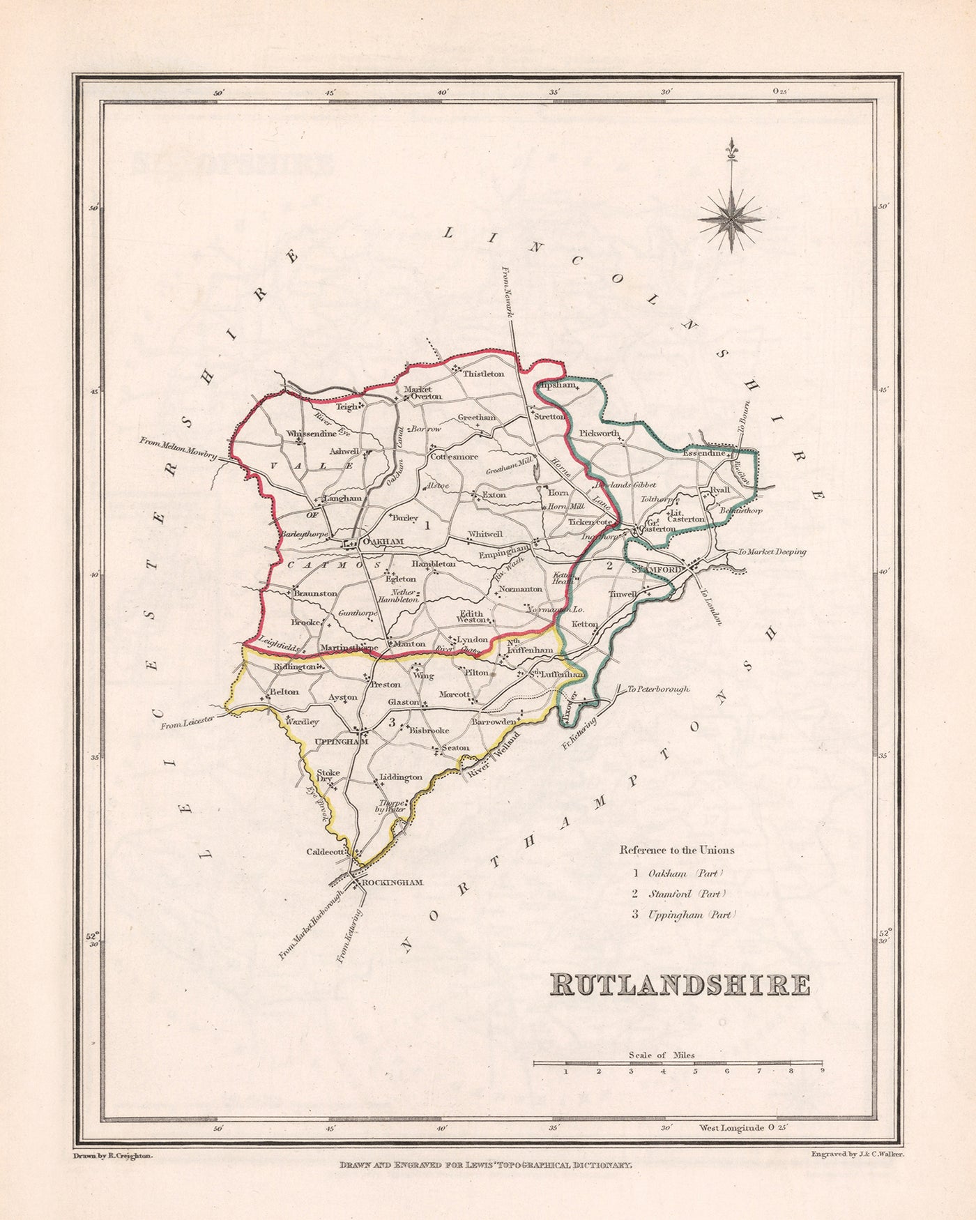 Ancienne carte du Rutlandshire par Samuel Lewis, 1844 : Oakham, Uppingham, Cottesmore, Langham, Belton