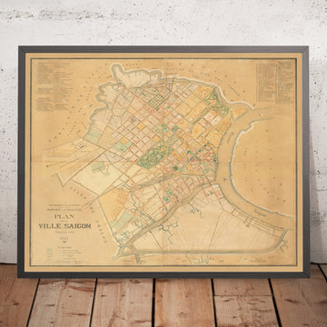 Mapa antiguo de Saigón (Ciudad Ho Chi Minh), 1921: Plan urbano colonial, río Saigón, arquitectura francesa, calles históricas 