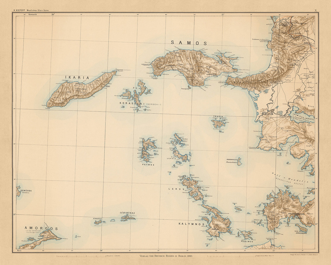 Mapa antiguo de Samos y las islas del Egeo por Kiepert, 1890: Ikaria, Kalymnos, Parque Nacional Buyuk Menderes, Ruta de exploración de Kiepert, primer meridiano de París
